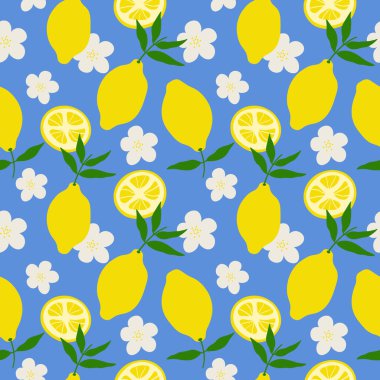 Lemon Citrus meyvesi kusursuz deseni tekrarlıyor. Sarı sitronları, yaprakları, çiçekleri olan vektör mavisi bir arka plan. Sarma, tekstil, kağıt, kart, baskı, kağıt, etiket için sarı limon bitkisi dalıyla uyum