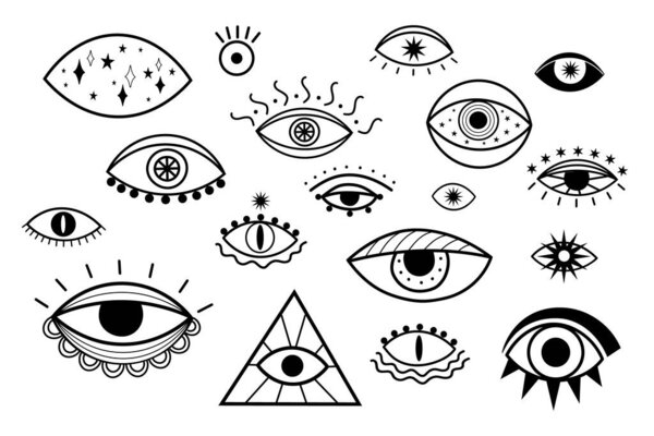 Злые глаза, Хамза, рука Фатимы в линейном искусстве. Абстрактные талисманы с формами глаз, греческий турецкий эзотерический знак дизайна, татуировка, открытка, плакат, раскраска. Волшебное колдовство, йога, образ жизни