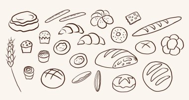 Pastane ürünleri, izole edilmiş arka plana vektör karalama yapıyor. El yapımı eskiz ekmeği, ekmek, simit, kruvasan, kek, krep, kek, çörek, cheesecake, Claire, çörek, kulak buğdayı. Yemek, fırın, menü