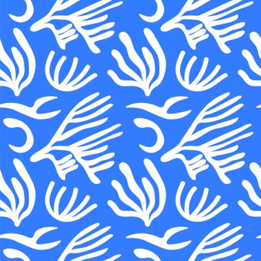 Mavi, kusursuz desenli, soyut şekilli, Matisse tarzı. Deniz piyadesi algler, mercanlar ve Akdeniz uyumu ile arka planı tekrarlıyor. Tekstil, baskı, kağıt ve ambalaj için tasarım. Vektör