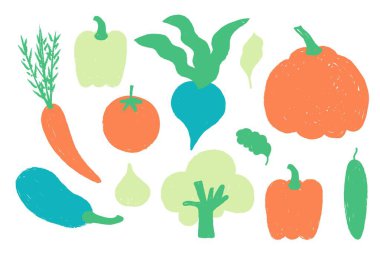 Doku fırçası darbeleriyle çizilmiş sebzeler. Patlıcan, balkabağı, domates, paprika, soğan, brokoli, biber, salatalık, yaprak, marul, pancar. Yemek, hasat, bahçe. Düz vektör