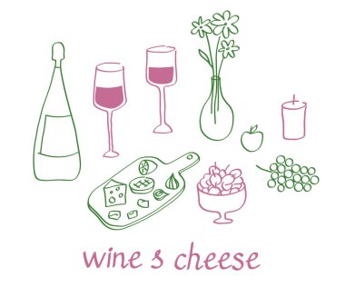 Masada şarap ve peynir resmi var. İtalya usulü yemek ve yemek ile el çizimi, Dolce Vita tarzı. Zeytin, peynir tabağı, üzüm, şarap tatma, şarap kadehleri, çiçek içeren vektör çizimi