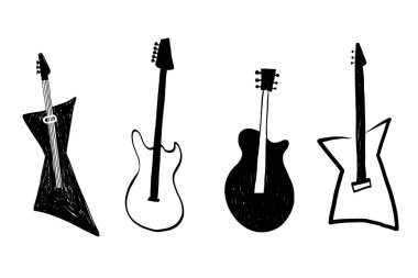 Grunge desenli gitarlar izole edilmiş arka planda çizgi film çizimleri çizdiler. Müzik enstrümanı, rock and roll, konser, punk müzik, braket. Broşür, logo, işaret, çıkartma için tasarım ögeleri 