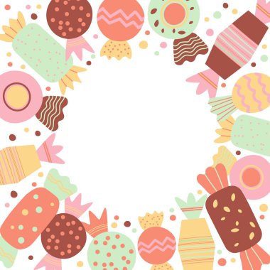 Mesaj için şeker sınır kartı. Farklı şekerlemelerle el çizimi şablon, tatlı ve çikolata ikramı, tatlı. 18 Ekim Dünya Şeker Günü için tasarım. Broşür için besin vektörü illüstrasyonu