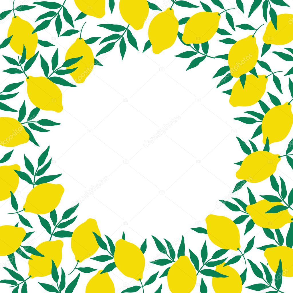 Border card with lemons for text in flat style. Hand drawn template with citrons, leafs, lemon plants. Food and drink, ingredient for cooking, baking, alcohol. Design element for label, print, sign