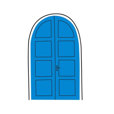Grease Blue 'nun izole arka plandaki kapalı kapısının sembolü. Akdeniz girişinin düz bir şekilde, Yunanistan mimarisinin ayrıntılı bir temsili. Santorini, Seyahat, Tatil için Tasarım