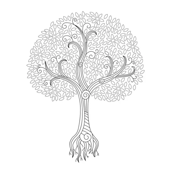 İzole edilmiş arka planda rüya ağacı vektörü fantezisi. Ahşap bitkilerle dekoratif grafik, yapraklardan taç, kökleri sanat tarzında mürekkep. Sihrin işareti, vahşi doğa, rüyaların sembolü, dekorun.