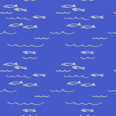 Sardalya Balığı kusursuz tekrarlayan mavi desen. Deniz altı motifli bir arka plan. Yaz uyumu. Grafik süslemeli el yapımı süs, deniz balıkçılığı. Tekstil ve kart için vektör illüstrasyonu
