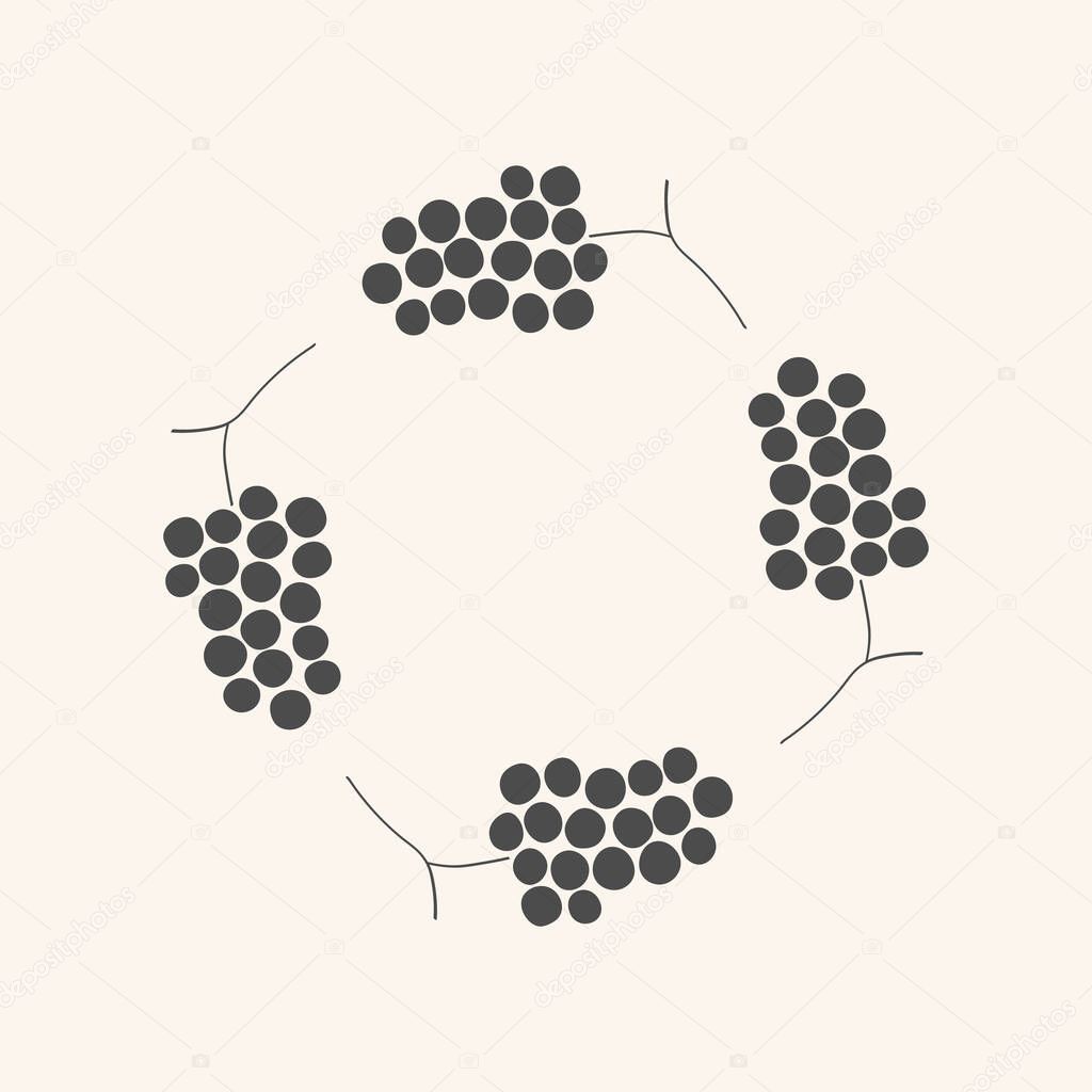 Vector icon logo with sketch Grapes. Hand drawn frame border with bunch Grapevine berries in silhouette. Design template for food, dry raisins, dessert, harvest fruit. For card, print, wrapping