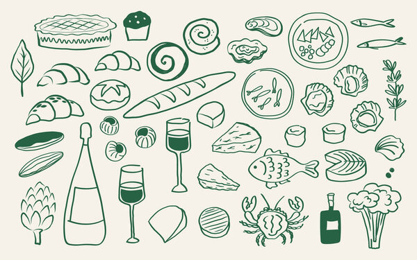French pastries and food vector sketch on isolated background. Hand drawn Frenchy Mediterranean cuisine ingredients, croissant, baguette, seafood, wine, snails, artichoke, cheeses, eclairs,  food 