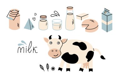 Sütlü ve sütlü şeyler. Süt ürünleri, inek, süzme peynir, bardakta içki, çanta, yağ, teneke kutu ve kağıt şişe. Etiket, logo, işaret, ambalaj, simge tasarımı. Yiyecek içecek.