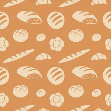 Pastane ürünleri, kusursuz desenler. Ekmek, ekmek, çörek, kruvasan, kek, çörek, cheesecake ve buğday yiyerek arka planı tekrarlayan vektör. Yemek, fırın, menü. Desenli uyum tasarımı 