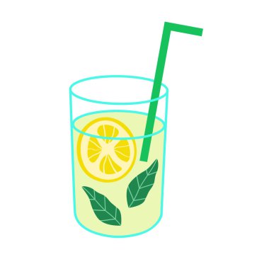 İzole edilmiş arka planda ferahlatıcı limonata vektör illüstrasyonlu yaz camı. Su, limon ve naneli yiyecek içecekleri. Menü, kart, kağıt, kart, imza, logo için tasarım ögesi. Düz grafik