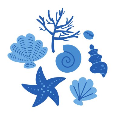 Mavi Deniz Kabukları 'nın olduğu kart vektör illüstrasyon denizcilik motifi çiziyor. Deniz kabuklu Boho tarzı arka plan. Plaj, deniz, deniz ürünleri, yaz için sembol. Kartpostal, duvar kağıdı, şablon, poster tasarımı