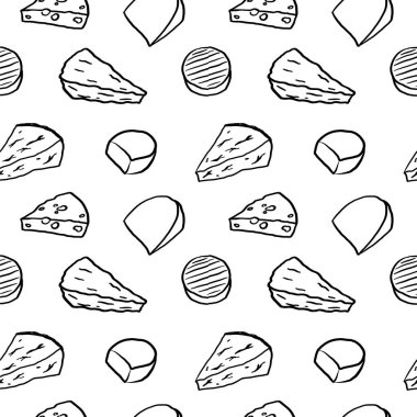 Peynirsiz desenli vektör çizimi. Uygunsuz yinelenen arka plan. Sütlü Peynir, yiyecek ilişkisi, süt ürünleri, kaymak ezmesi. Paketleme, kağıt, etiket, paketleme için tasarım