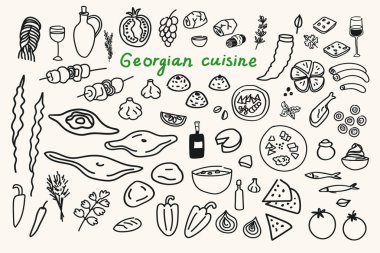 Khachapuri, Flatkhela, Kharcho, Khinkali, Şiş, Et, Yeşillik, Peynir, Suluguni, Üzüm, Domates. Geleneksel Kafkas yemekleriyle pankart Supra