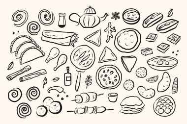 Hint mutfağı karalaması. Dal, köri, tandır, samosa, tatlı masala çayı, tatlı. Geleneksel yiyecek ve içeceklerle çizilmiş pankart Hindistan 'dan. İzole edilmiş arkaplanda vektör illüstrasyonu