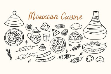 İzole edilmiş arka planda Fas mutfağı karalaması. Tagin, güveç, yassı ekmek, nohut, balık, çay, fındık, et. El çizimi vektör çizimi. Menü, kart, yazdırma için tasarım