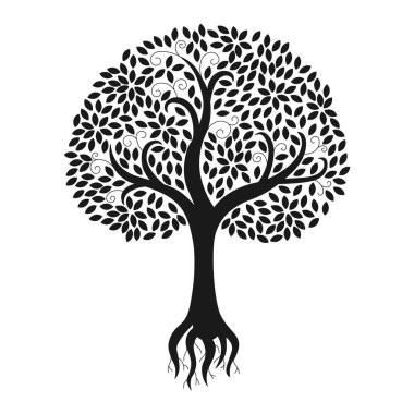  Kökleri izole edilmiş ağaç silueti. Yapraktan taçla çizilmiş rüya gibi bir bitki. Vektör fantezi botanik çizimi. Sihir için tasarım işareti, vahşi doğa, ekoloji, baskı, kart