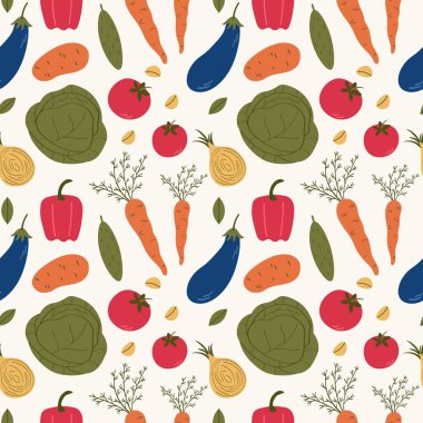 Sebzesiz desen. Havuç, lahana, patates, paprika, soğan, patates, domates, yaprak, salatalık, sarımsak, patlıcan, sebze hasadı gibi arka planda yinelenen vektör. Paketleme için tasarım
