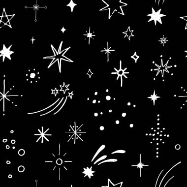 Yıldızların desensiz yıldız düşüşü gece aydınlatmaları. El çizimi siyah arka plan ve gece gökyüzü boho tarzında. Paketleme tasarımı, kumaş, baskı, şablon, paketleme için arkaplan