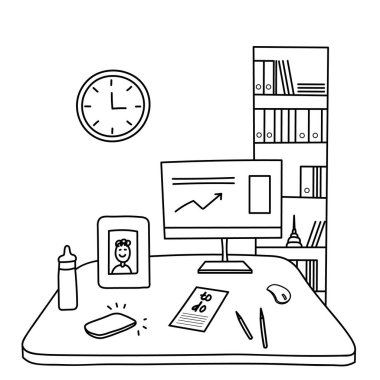 Uzaktan kumandayla annemi evde çalıştırmak dışında. Çocuğu olan Doodle Freelancer. Vektör çizimi masa, çalan telefon, saat, bilgisayar, kalem, çocuk portresi, şişe sütü, kitaplar ve klasörler ile izole edildi