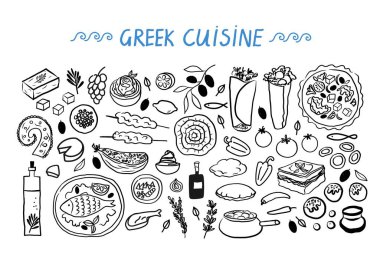 Yunan mutfağı izole arka planda karalama yapıyor. Ev yapımı peynir, deniz ürünleri, zeytinyağı, dolgulu patlıcan, hamur işleri, meyve, sebze, oussaka, Kleftiko, Spanakopita, ekmek. Vektör