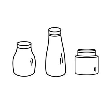 Gözlük şişesi izole arka planda karalama yapıyor. El yapımı şeffaf kaplar, boş kavanozlar, cam eşyalar. Cam geri dönüşüm konserveleri ve yiyecek depolama aletleri. Satır sanat tarzında vektör illüstrasyonu