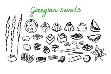 İzole edilmiş arka planda Gürcü tatlıları eskizi. Kilise, baklava, şeker, gozinaki, pelamushi, reçel, tklapi, machkatebi, medok cake, kada, nazuki. Geleneksel Transkasya yemekleri. Vektör 