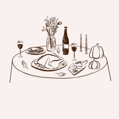 Masa örtüsü ve izole edilmiş arka planda yemek olan masa çizimi. Şükran Günü için el yapımı sonbahar yemeği, sonbahar tatili, düğün, etkinlik. İllüzyon. Kart, baskı, el ilanı, kart için tasarım
