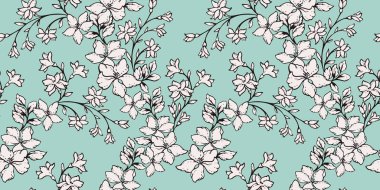 Birbirine dolanmış, pürüzsüz bir desen içinde basit dallar açan çiçekler. Vektör el çizimi. Pastel nane çiçeği desenli. Tasarım şablonu