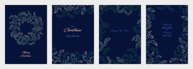 Kopya alanı olan Noel şablonları. Kutlama kartlarını ayarla Mutlu Noeller, vektör eli çizilmiş, soyut, sanatsal Noel çelengi, süslü çiçek çerçevesi, kış süsü