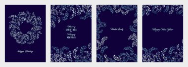 Kopya alanı olan basit Noel şablonları. Tebrik kartlarını hazırla Mutlu Noeller, vektör eli çizili mutlu yıllar, zarif Noel çelengi, basit çiçek çerçevesi, kış süsü