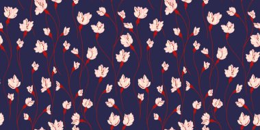 Kusursuz, modern, minimalist, yaratıcı çiçek deseni. Koyu mavi arka planda birbirine dolanmış küçük çiçekler. Vektör eliyle çizilmiş dandik çiçekler. Kumaş, moda, duvar kağıdı, tekstil tasarımı