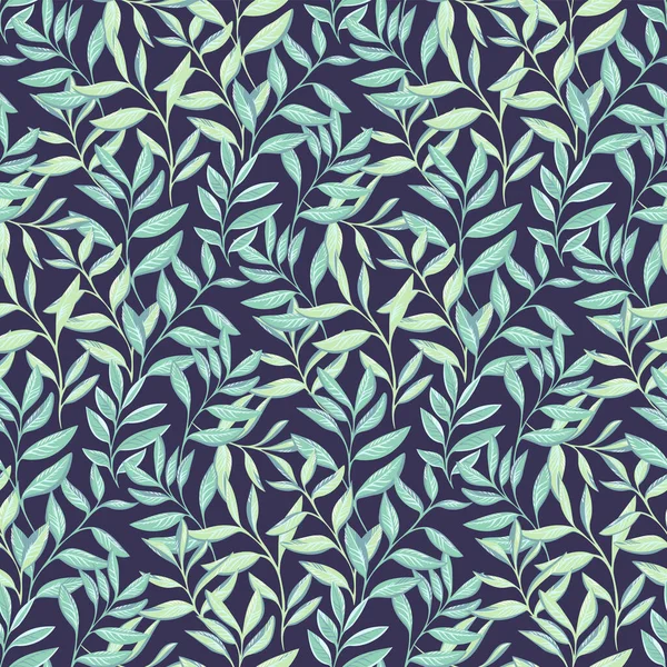 Pastel yeşil yapraklar koyu bir arka planda dikişsiz desen oluşturuyor. Soyut, tropikal, modern, süslü dalların yaprak izi. Vektör el çizildi. Kumaş, moda, duvar kağıdı, tekstil tasarımı