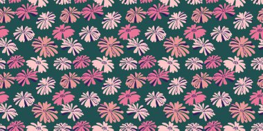 Geçmişi pürüzsüz. Renkli yaz şablonu. El çizimi moda, soyut, yeşil arka planda basit şekilli çiçekler. Kağıt, kapak, tekstil, duvar kağıdı, yüzey tasarımı, moda, kumaş için vektör tasarımı süsü