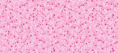 Kusursuz soyut, basit, minik çiçek desenleri. Vektör eli kırmızı şekiller, noktalar, noktalar, pembe arka planda beyaz dallar çizdi. Moda, kumaş, tasarım, tekstil için şablon