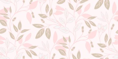 Monoton pastel kusursuz desenli, yaratıcı, stilize dallı yaprak. Vektör el çizildi. Çiçek sapında ışık izi var. Tasarım şablonu