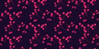 Koyu arkaplanda kırmızı böğürtlen dalları olan kusursuz bir desen. Ardıç, boxwood, viburum, barberry. Botanik illüstrasyon. Vektör el çizimi. Tekstil, moda, baskı şablonu.