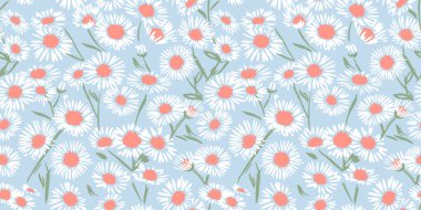  Şirin beyaz çiçekler mavi arka planda kusursuz desenli papatyalar. Vektör el çizimi. Ditsy Çiçeği. Çağdaş baskı kolajı. Kumaş, iç dekorasyon, tekstil, duvar kağıdı, yüzey tasarımı için tasarım süsü.