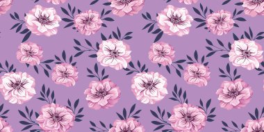 Ranunculus çiçekleri ve yapraklarıyla kusursuz desen. Vektör el çizildi. Mor arka planda sanatsal çiçek deseni. Moda, kumaş, duvar kağıdı için tasarım.