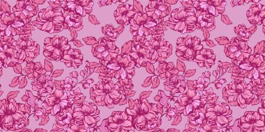 Güzel açan pembe çiçek dalları pürüzsüz desenli. Artistik şıklıkta parlak çiçek arkaplanı. Vektör el çizildi. Moda, kumaş, duvar kağıdı için tasarım.