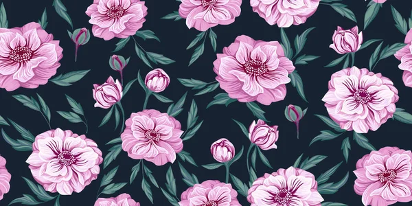 Çiçek açan ranunculus ve yapraklarla kusursuz desen. Vektör el çizildi. Koyu arkaplanda renkli, zarif, mor bir çiçek deseni var. Moda, kumaş, duvar kağıdı için tasarım. 