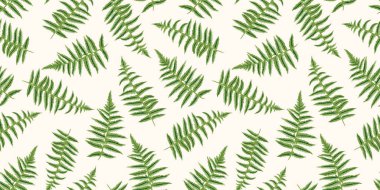 Çizim yaprağı eğreltiotu çizilmiş kusursuz desen. Bitki bej arkaplanda süsler bırakır. Tasarım, moda, tekstil, kumaş, duvar kağıdı, yüzey tasarımı için şablon