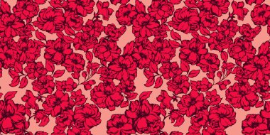 Bej bir arka planda parlak kırmızı çiçekli duvar halısı. Sanatsal çiçek açan bahar ya da yaz çiçekleri kusursuz bir desen. Güzel kırmızı siluetler çiçek arkaplanı. Vektör el çizimi sanat.