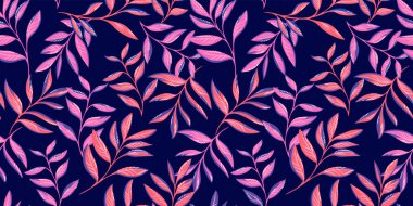 Tropikal, yaratıcı, renkli yaprakların sapları pürüzsüz. Vektör el çizildi. Turuncu dallar, pembe yapraklar. Tasarım şablonu.