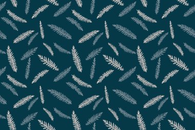 Kusursuz desenli, vektör elli dekoratif minimalist dallar çizilmiş. Koyu yeşil arkaplanda kibarca dalları soyut. 