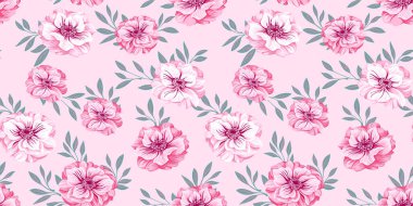 Grafik bahar çiçekleri ve yapraklarıyla kusursuz desen. Ranunculus, Trollius Asiatics çiçeği, Globe. Vektör el çizildi. Tekstil, moda, baskı, yüzey tasarımı, iç dekorasyon, duvar kağıdı şablonu