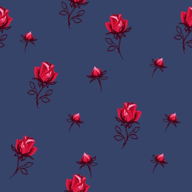 Kusursuz desenli, vektör eli çizilmiş gül. Siyah mavi arka planda kırmızı, sevimli bir gül. Tekstil, moda, baskı, yüzey tasarımı, kağıt, kapak, kumaş için şablon