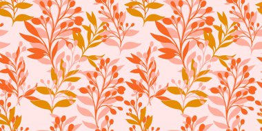 Soyut, modern, renkli yaprakları ve dalları olan sanatsal kusursuz desen. Vektör el çizimi yaprak siluetleri. Tekstil, moda, baskı, yüzey tasarımı, kumaş şablonu